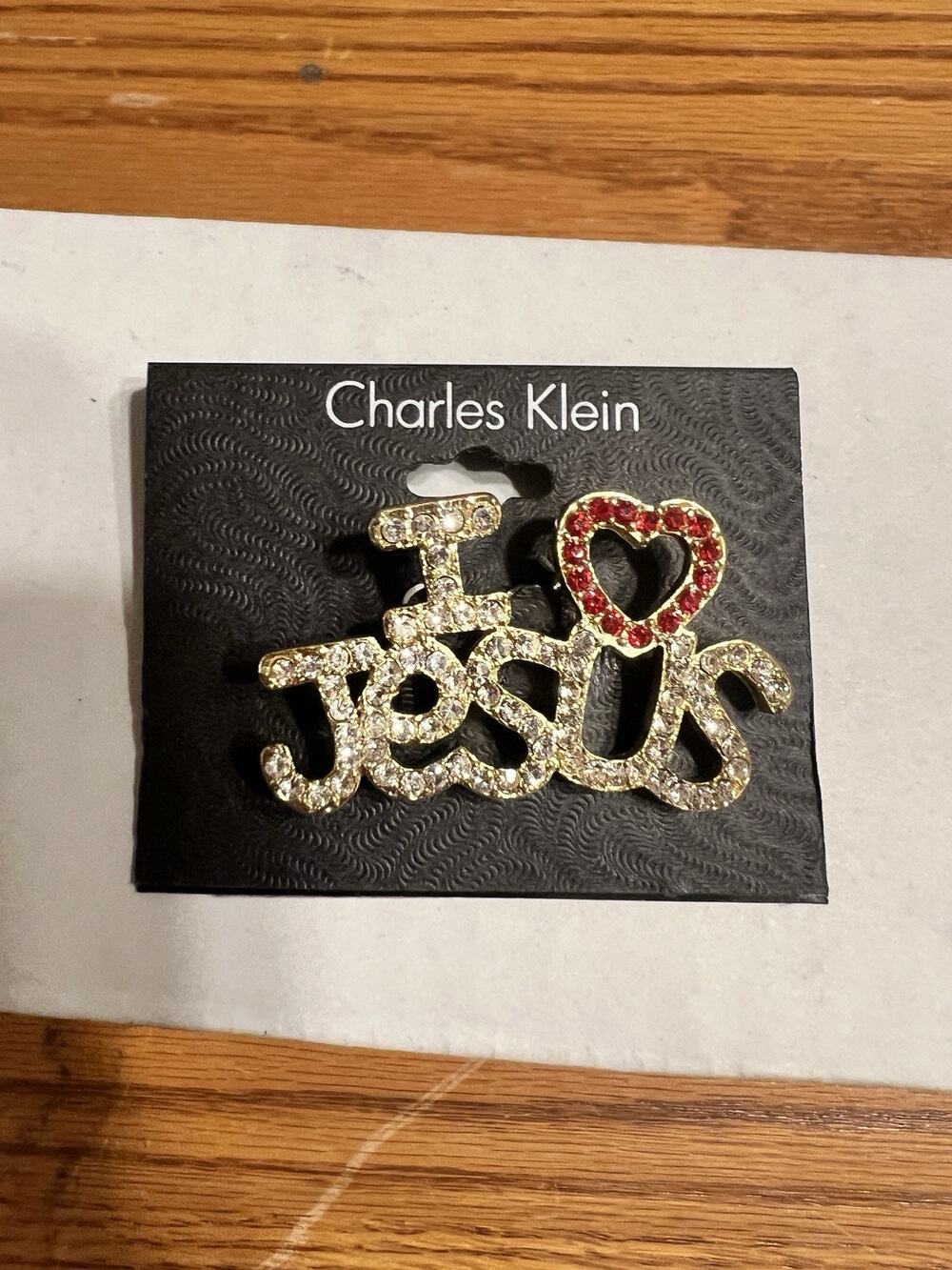 Charles Klein Brooch Pin Gold Tone I Love Jesus Rhinestone Letters Religion